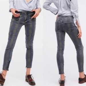 Free People Lennon Tartan Plaid Moto Jeans Zip Blue Green Ankle Crop SZ 29